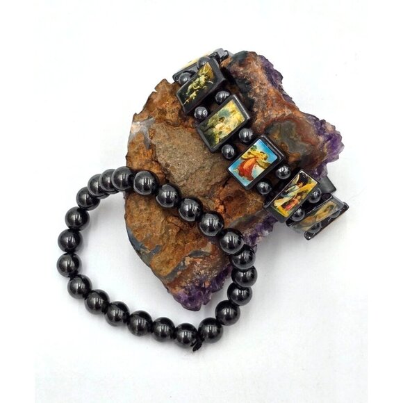 Vintage Religious Icon Angels Saints Beaded Hematite Bracelet Set of 2 - Picture 1 of 5